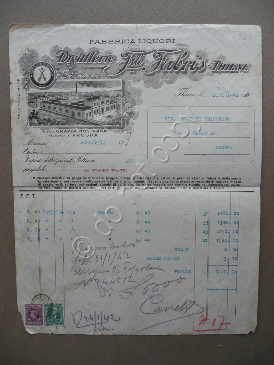 Fattura Distillerie Fratelli Fabris Thiene Fabbrica Liquori Acquavite 1942