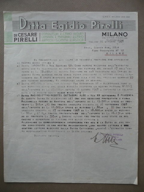 Fattura Ditta Egidio Pirelli Cesare Lampade Gomma Elastica Milano 1948 …