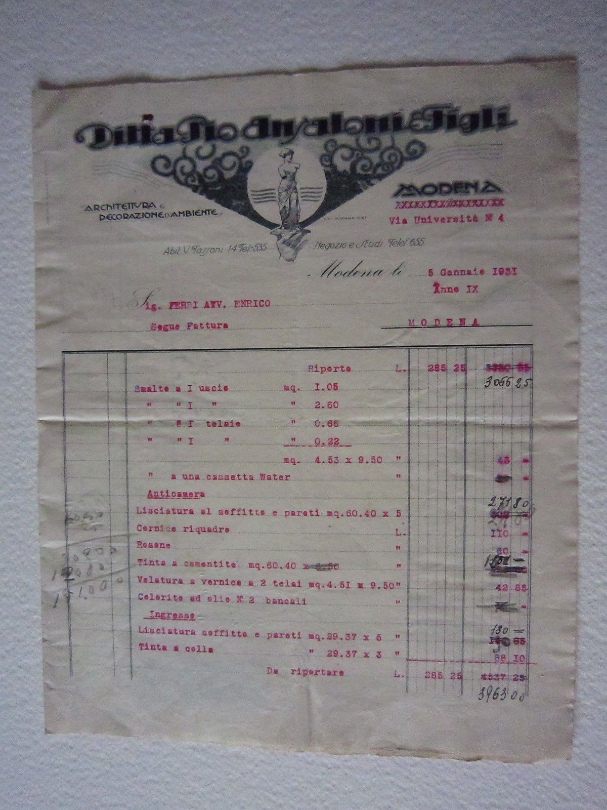 Fattura Ditta Pio Ansaloni e Figli Architettura Decorazione Modena 1931 …