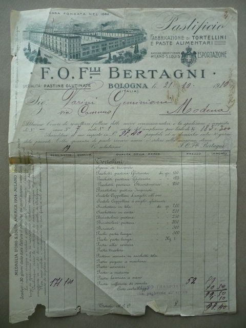 Fattura Fratelli Bertagni Bologna Tortellini Pasta Alimentare Pastificio 1910