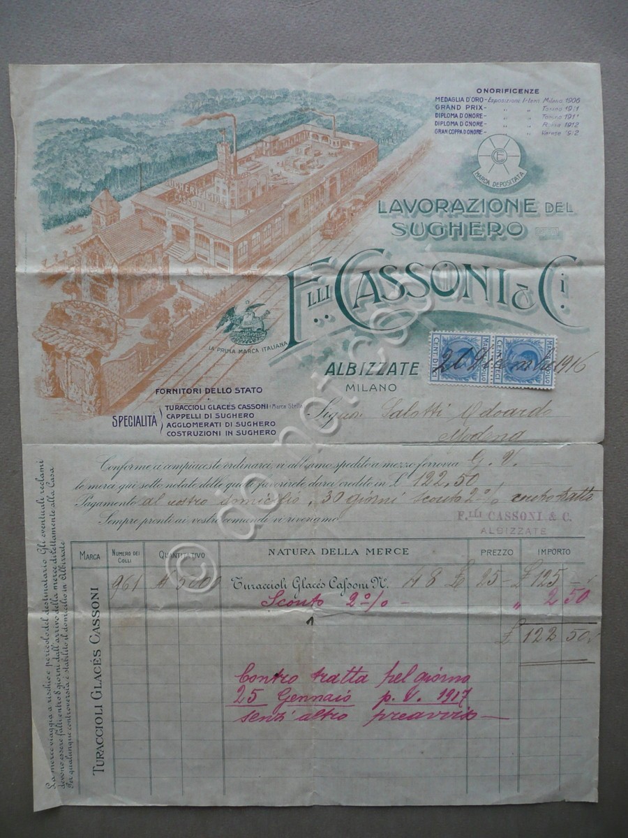 Fattura Fratelli Cassoni Lavorazione Sughero Albizzate Milano 1916 Turaccioli