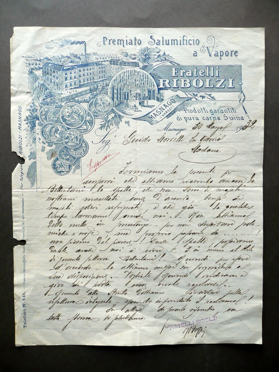 Fattura Fratelli Ribolzi Masnago Varese Premiato Salumificio a Vapore 1932