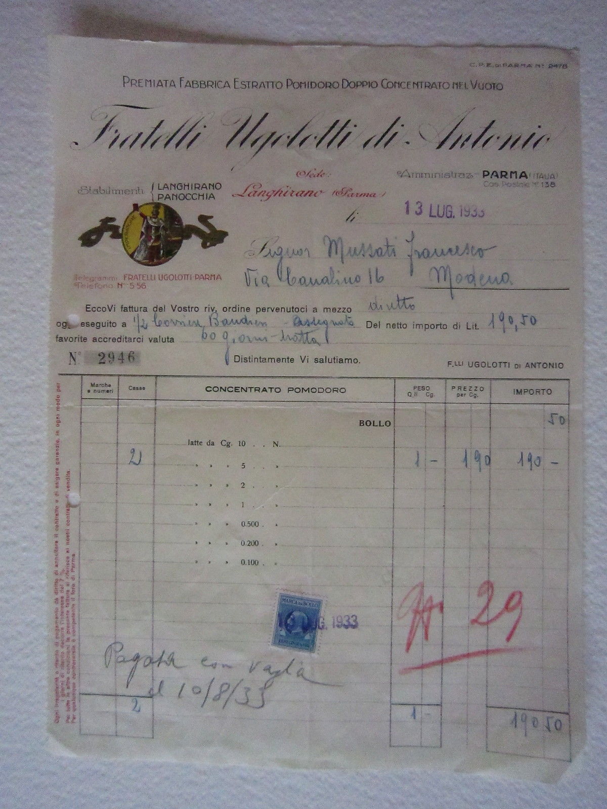 Fattura Fratelli Ugolotti Antonio Pomodoro Estratto Concentrato Alimenti 1933