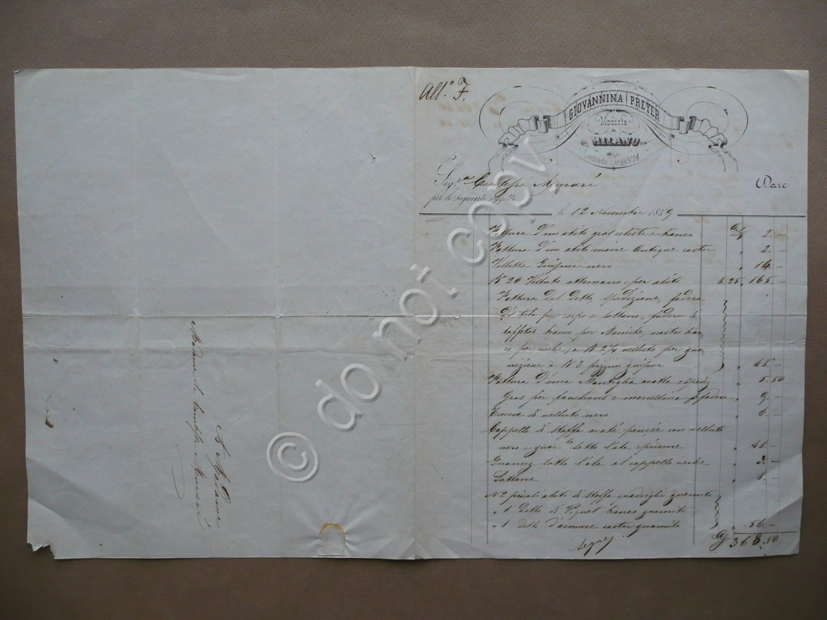 Fattura Giovanna Preyer Modista Milano Contrada Larga 1859 Abiti Abbigliamento