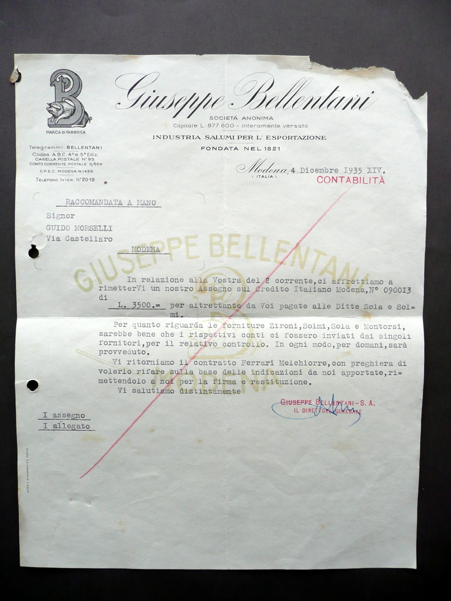 Fattura Giuseppe Bellentani Salumi per Esportazione Modena 4/12/1935