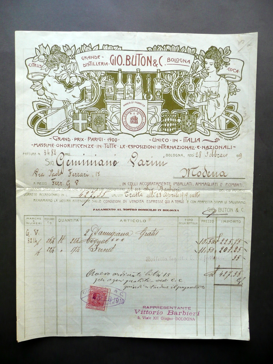 Fattura Grande Distilleria Gio. Buton Bologna 1919 Cognac Fernet Grafica