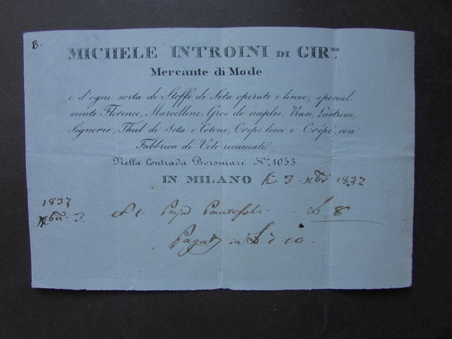 Fattura Introini Michele Mercante Mode Milano Contrada Borsinari 1832