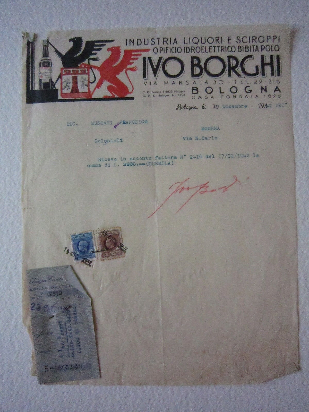 Fattura Ivo Borghi Indusria Liquori Sciroppi Bibita Amaro Bologna bevande …