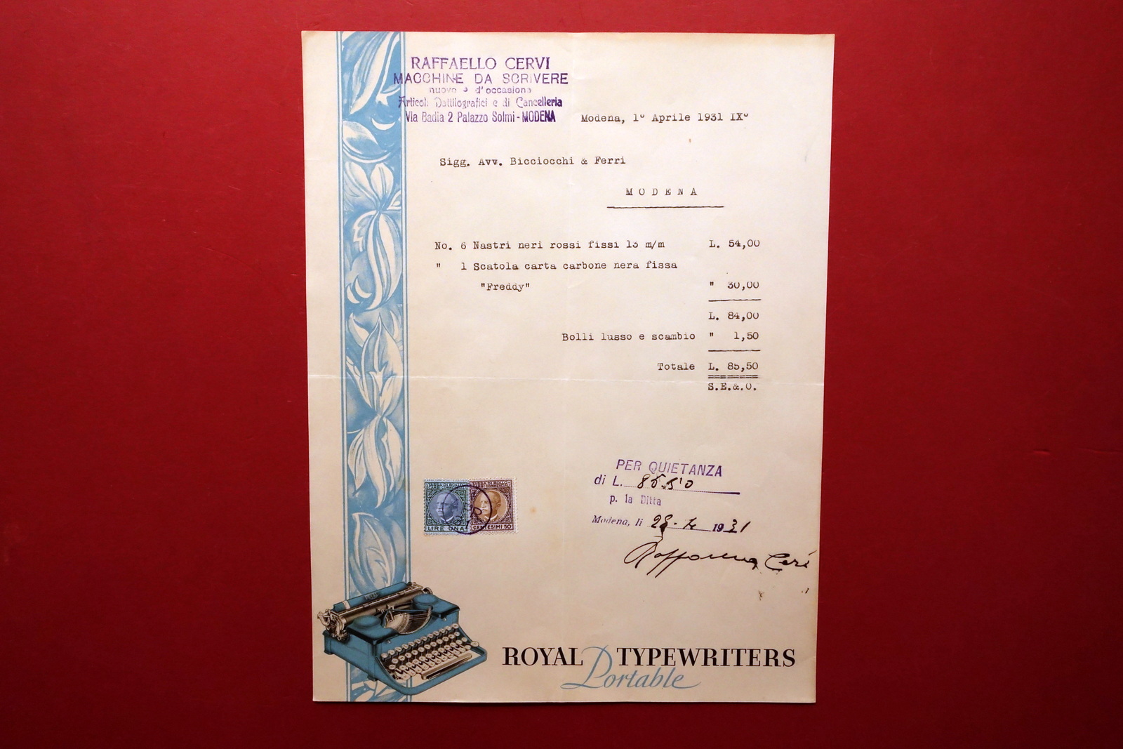 Fattura Macchine Scrivere Royal Typewriters Portable Raffaello Cervi Modena 1931