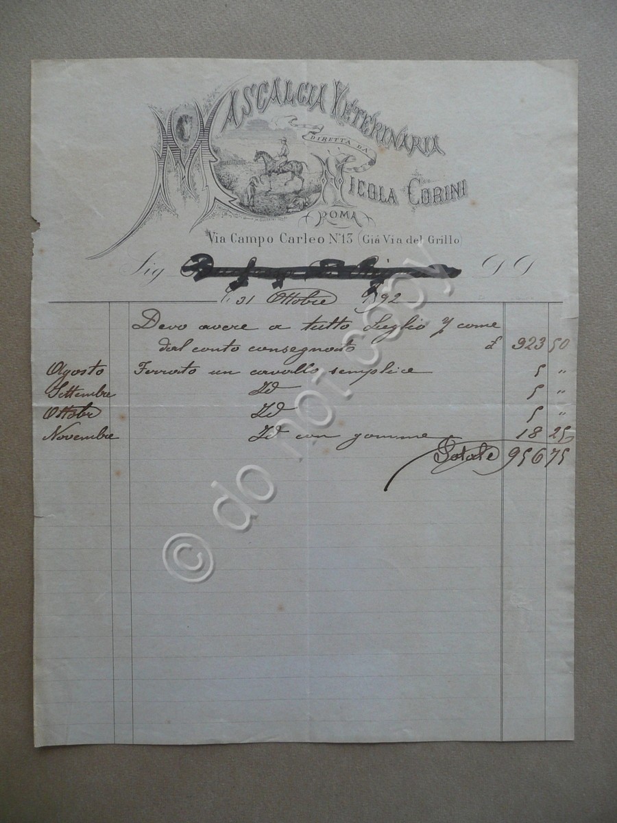 Fattura Mascalcia Veterinaria Diretta da Nicola Corini Roma 1892 Cavalli …