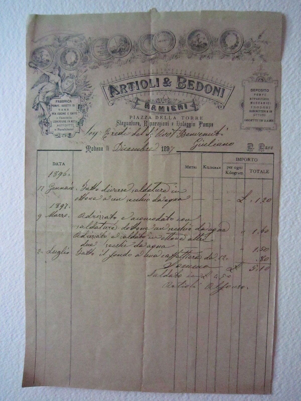 Fattura Modena Artioli Bedoni Ramieri Rame Aquedotti Pompe Rubinetti 1897