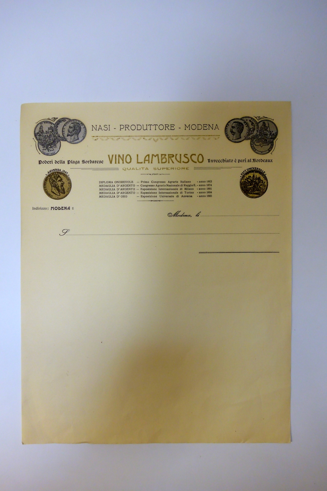 Fattura Nasi Produttore Modena Vino Lambrusco di Sorbara Primo '900