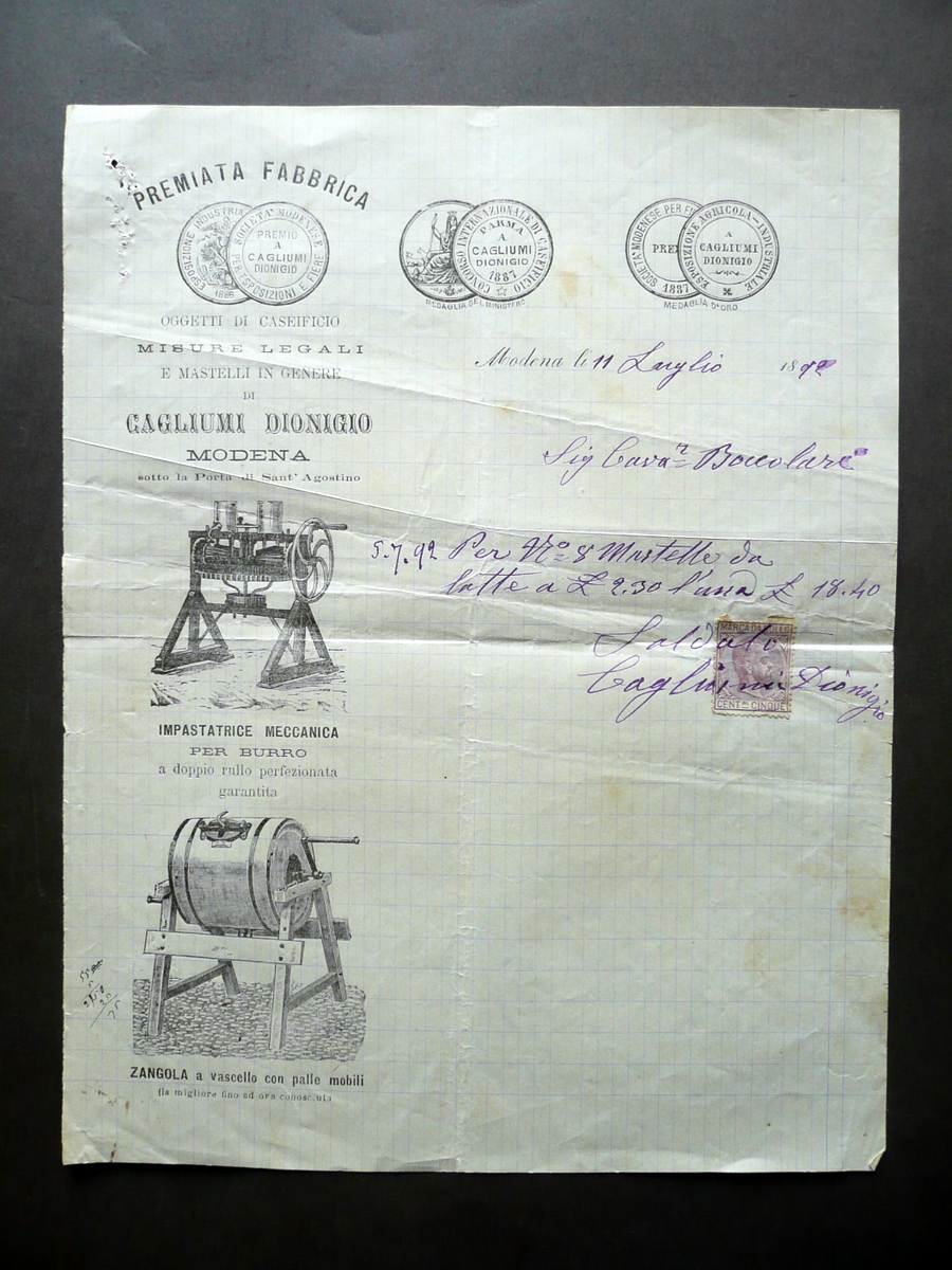 Fattura Premiata Fabbrica Cagliumi Dionigio Modena Caseificio Mastelli 1892