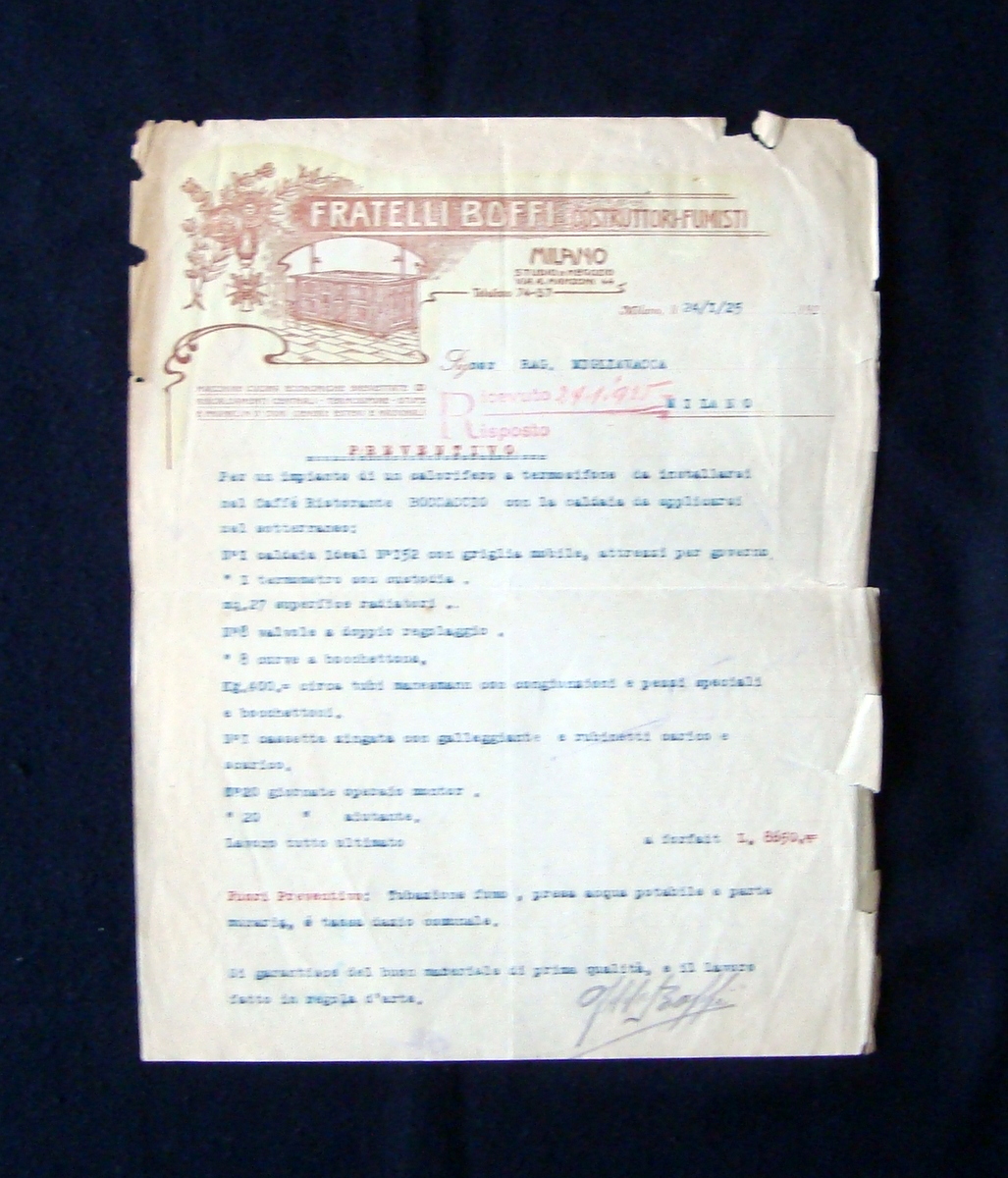 Fattura Preventivo Fratelli Boffi Fumisti Milano 1925 Cucine Stufe Franklin