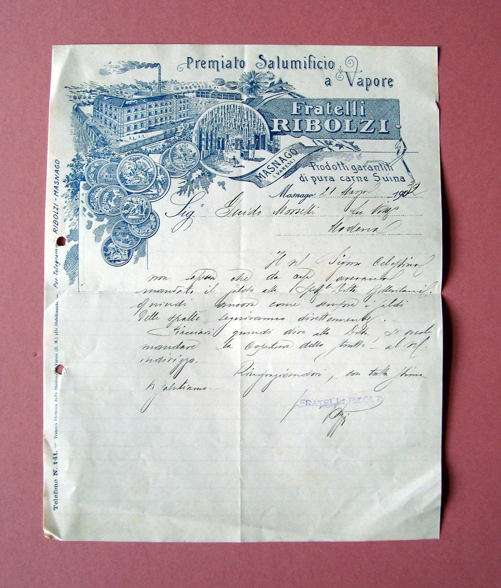 Fattura Salumificio a Vapore F.lli Ribolzi Masnago Varese 1902