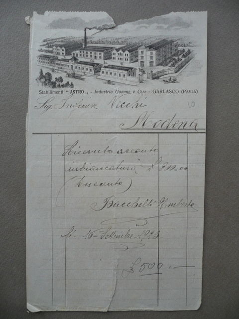 Fattura Stabilimenti Astro Industria Gomme Cere Garlasco Pavia Settembre 1923