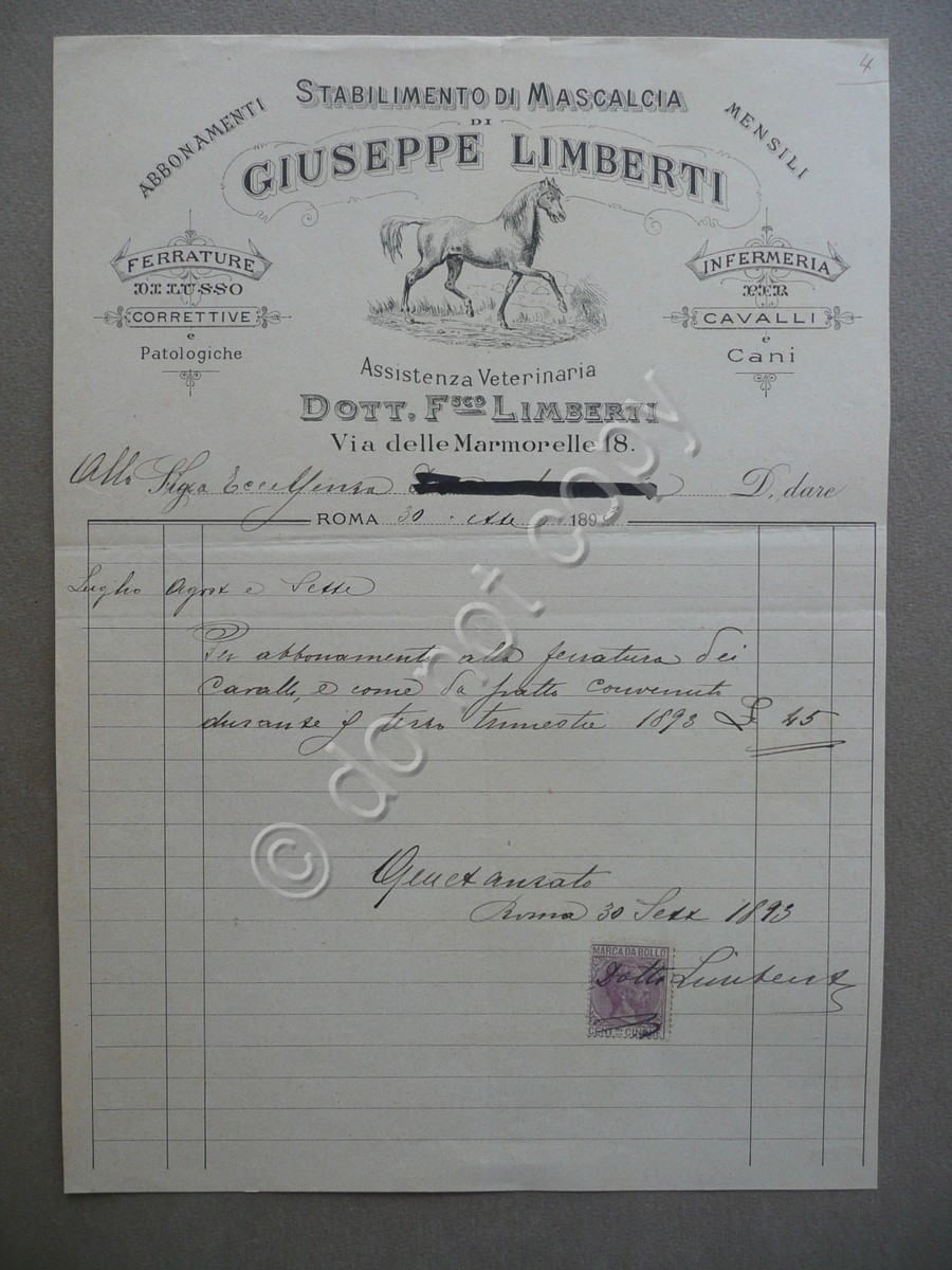 Fattura Stabilimento Mascalcia Giuseppe Limberti Veterinaria Roma 1893 Cavalli