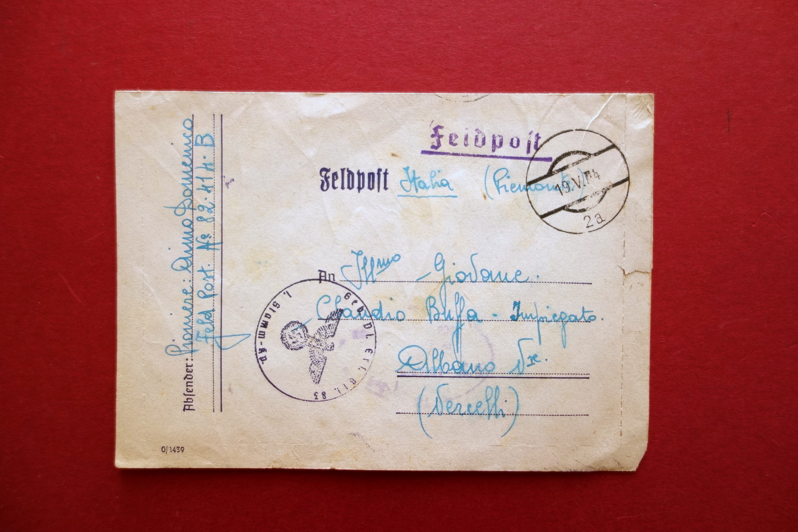 Feldpost Posta da Campo 30/5/1944 WW2 Guerra Piemonte Albano Vercellese