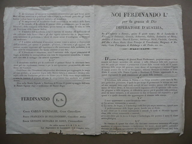 Ferdinando I Imperatore Austria Fondazione Accademia Scienze Vienna 1847