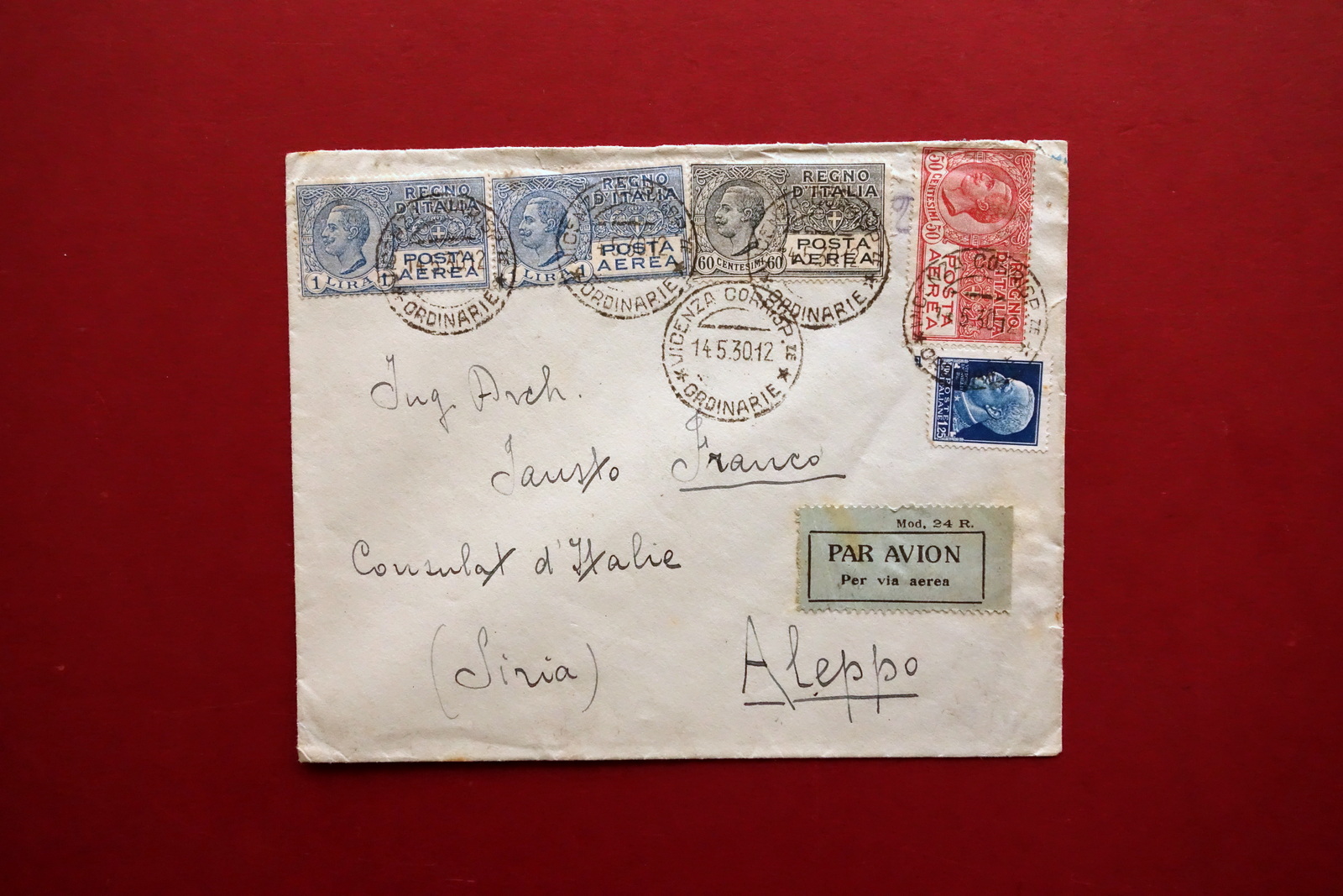 Filatelia Affrancatura Posta Aerea Regno d'Italia Aleppo Siria 1930 Rara