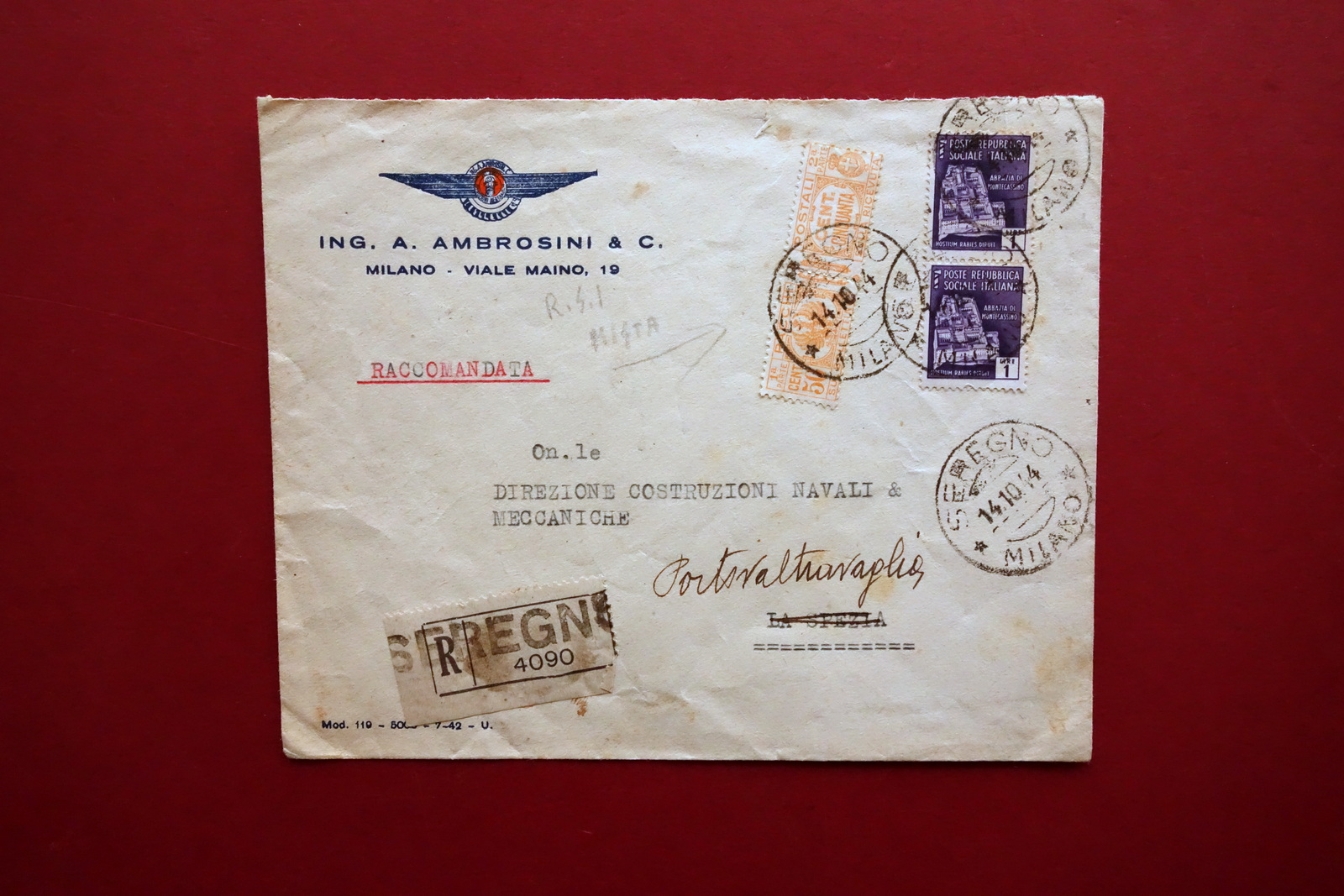 Filatelia Affrancatura Raccomandata RSI Mista Francobolli Busta per Lettere WW2