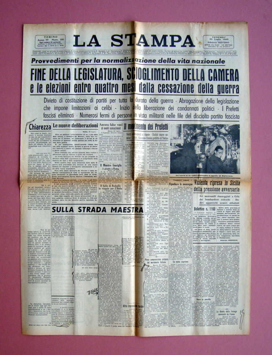 Fine Legislatura Scioglimento della Camera La Stampa 30/7/1943