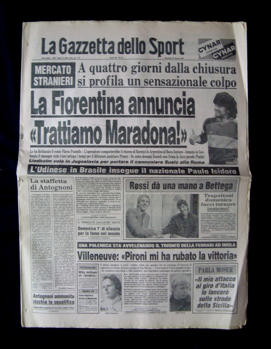 Fiorentina annuncia trattiamo Maradona La Gazzetta dello Sport 27 Aprile …