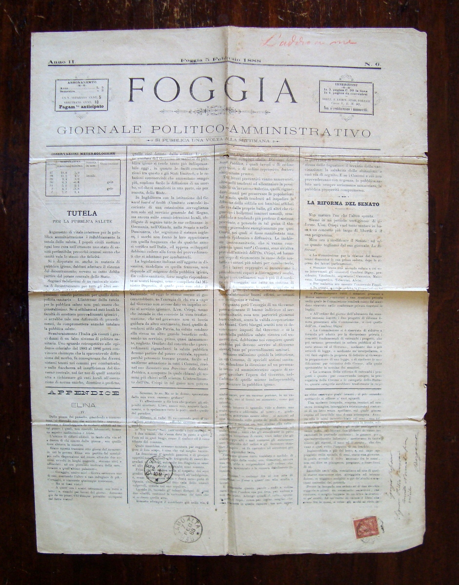 Foggia Anno II Numero 6 5 febbraio 1888 bisettimanale affrancatura …