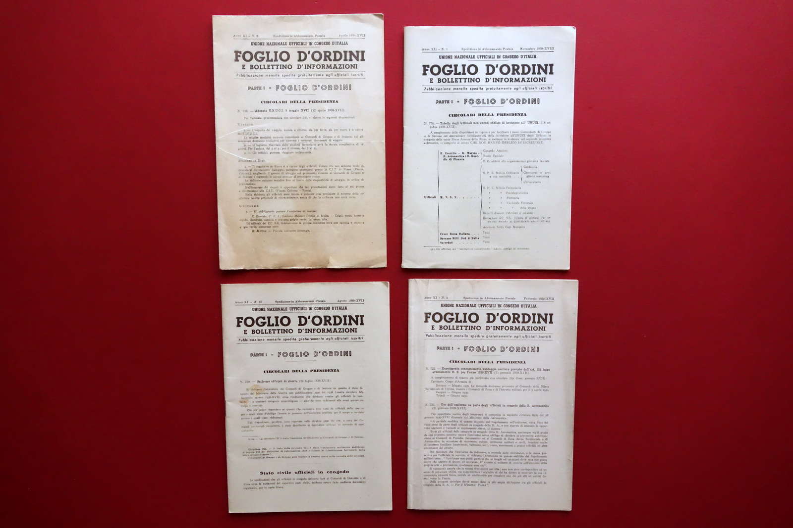 Foglio d'Ordini e Bollettino d'Informazioni UNUCI 4 Numeri 1939 Completi
