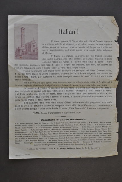 Foglio Istria Fiume Martirio Fiumano Risorgimento Tempio Votivo Cosala 1926