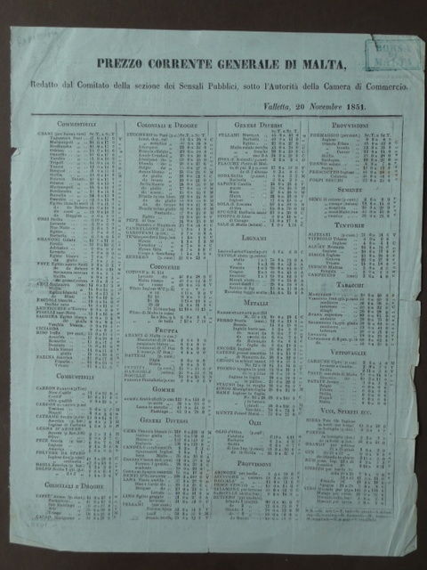 Foglio Volante Borsa di Malta Prezzo corrente Valletta 20 novembre …