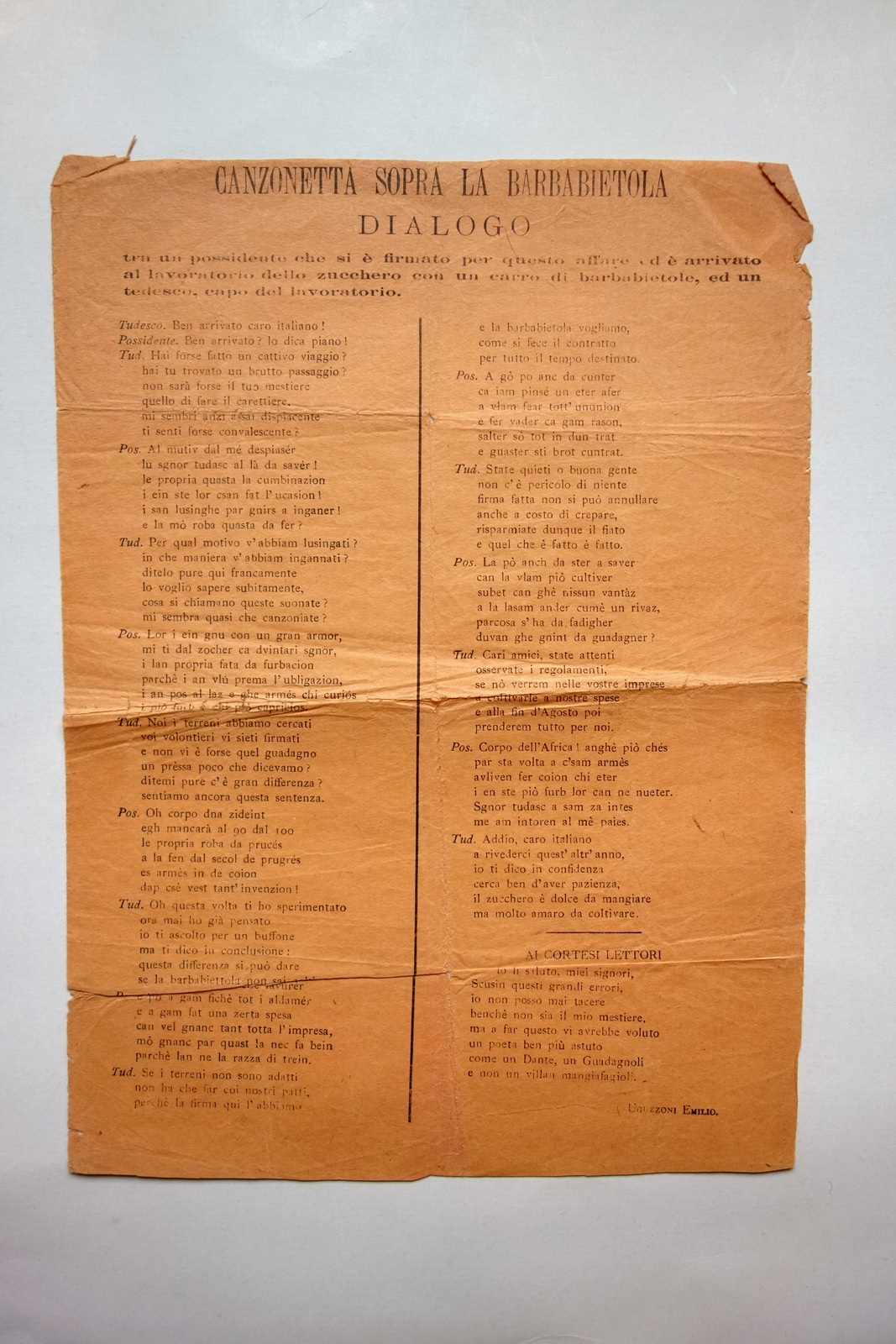 Foglio Volante Canzonetta Sopra la Barbabietola Dialogo Uguzzoni Emilio Modena