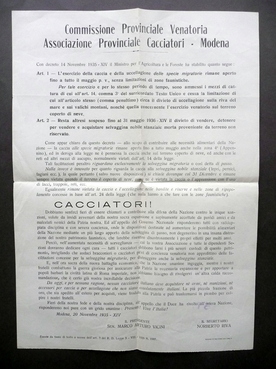 Foglio Volante Commissione Provinciale Venatoria Modena Disposizioni Caccia 1935