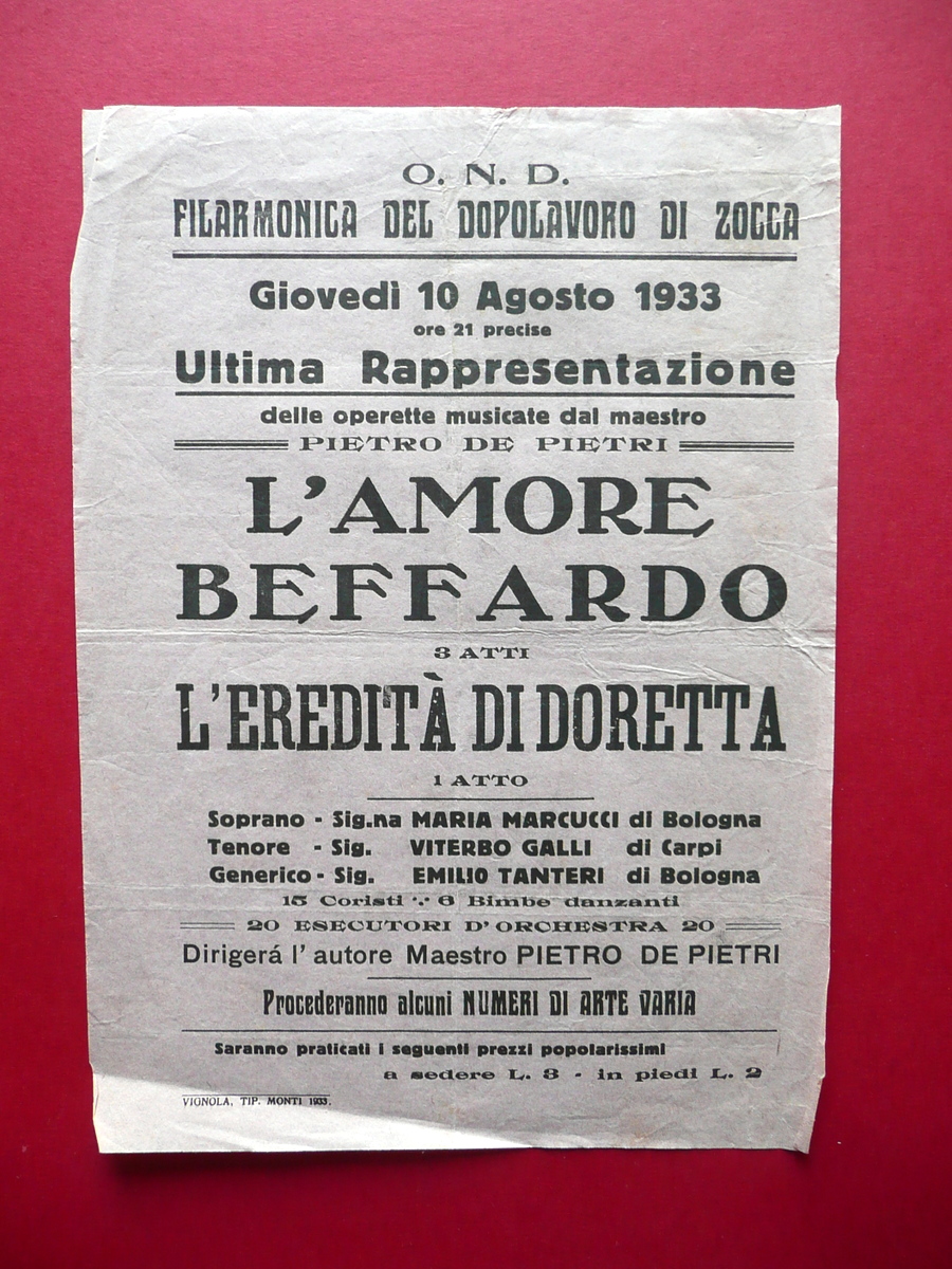 Foglio Volante Filarmonica Dopolavoro di Zocca L'Amore Beffardo Vignola 1933