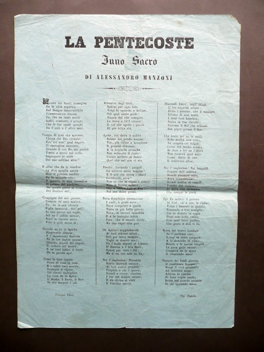 Foglio Volante la Pentecoste Inno Sacro di Alessandro Manzoni DaldÚ …
