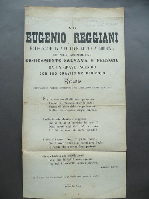 Foglio Volante Lode Sonetto Falegname Modena Incendio Salvate Nove Persone …