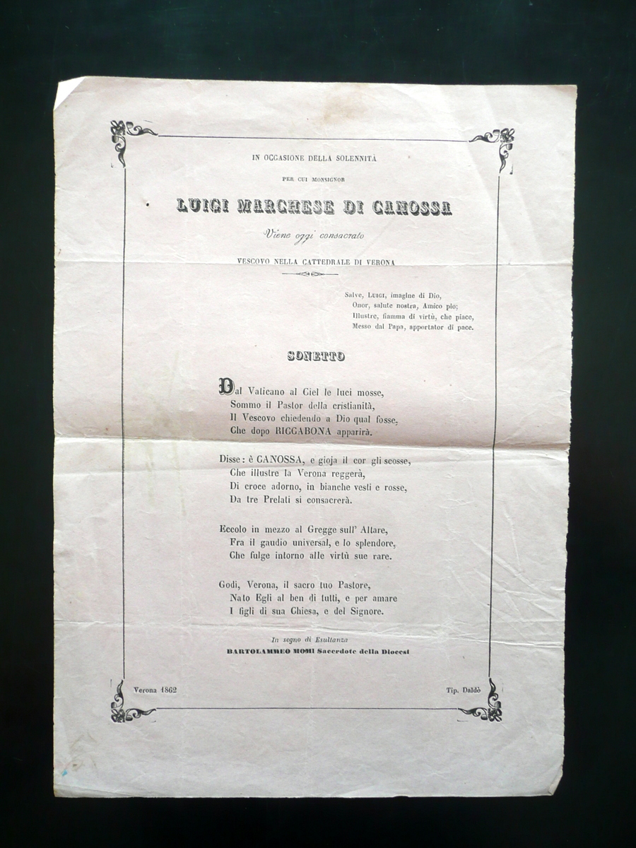 Foglio Volante Luigi Marchese di Canossa Consacrazione a Vescovo Sonetto …