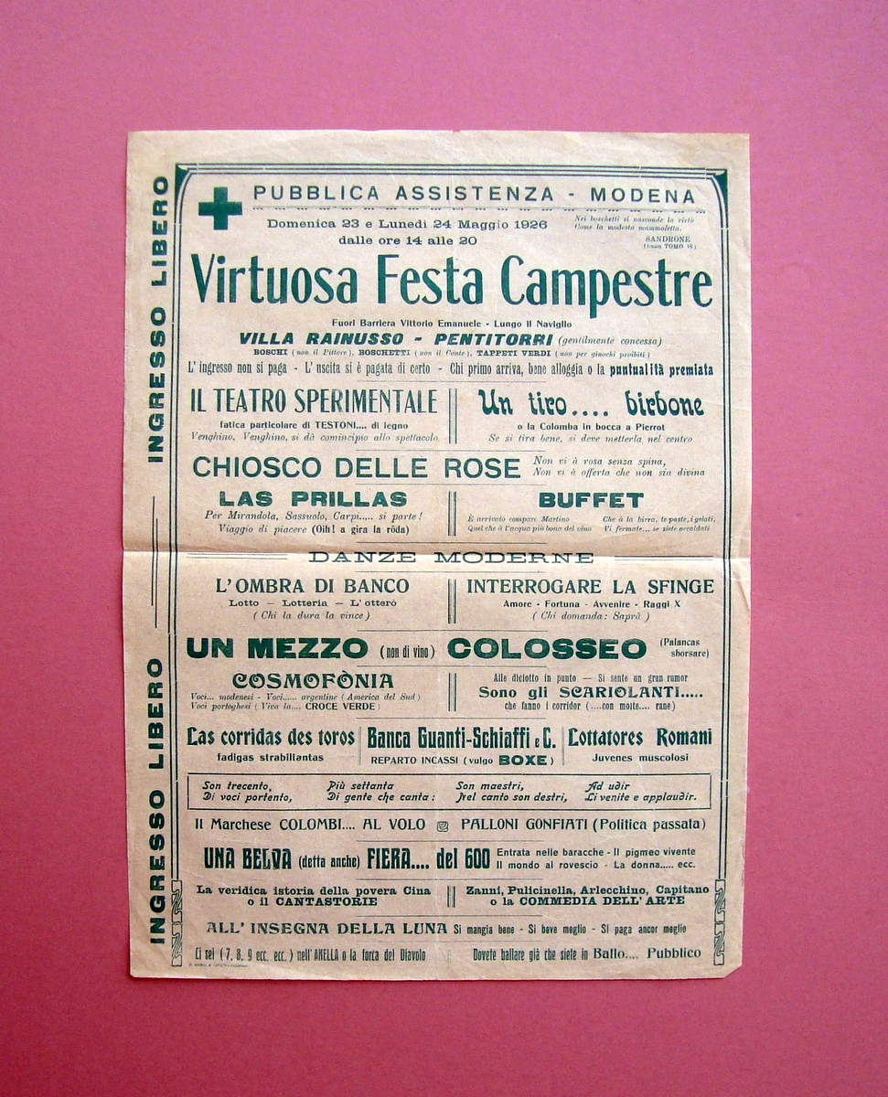 Foglio Volante Modena Villa Rainusso 1926 Virtuosa Festa Campestre