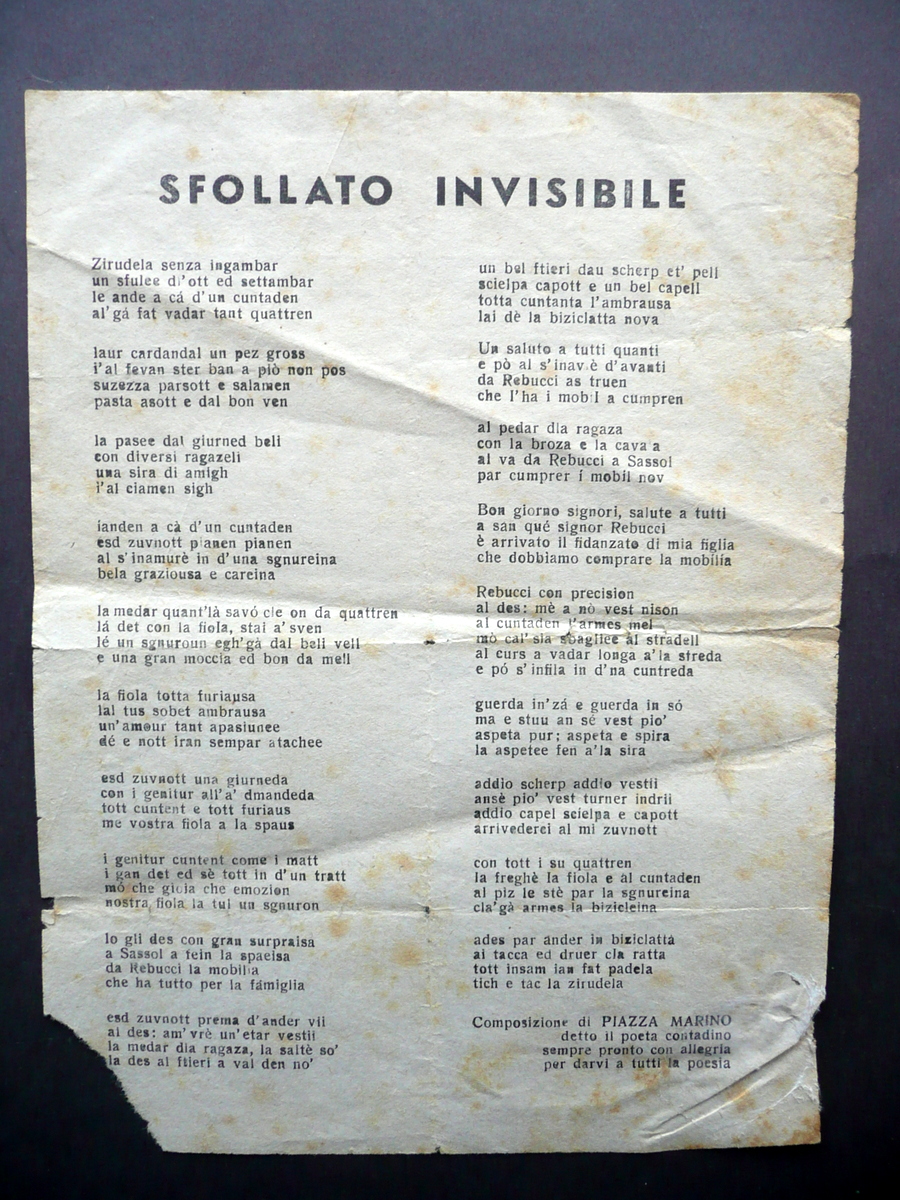 Foglio Volante Piazza Marino Sfollato Invisibile Zirudela Poesia Dialetto
