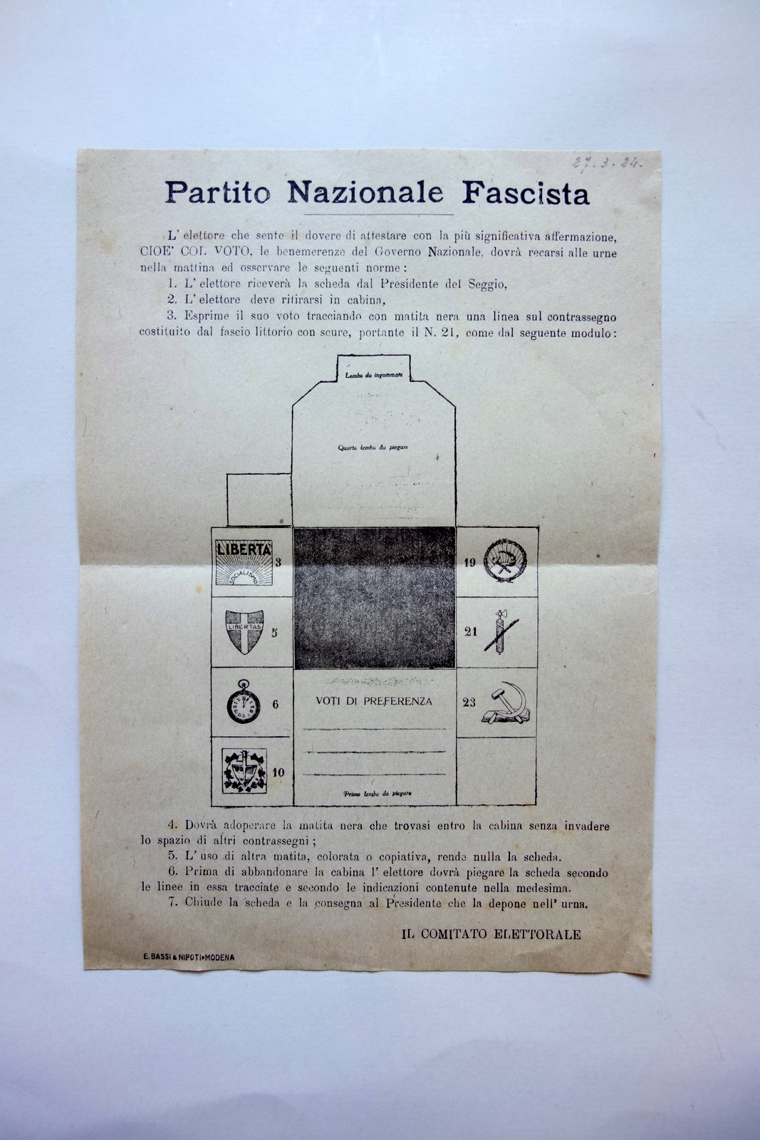 Foglio Volante Propaganda PNF Elezioni 6/4/1924 Governo Nazionale Modena Voto