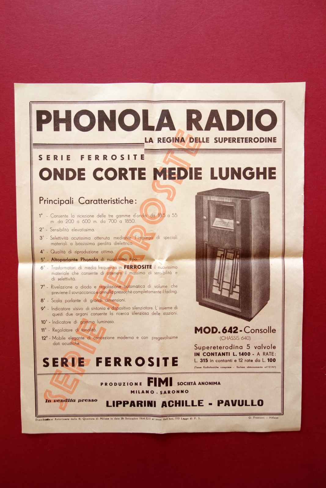 Foglio Volante Pubblicit‡ Phonola Radio Serie Ferrosite Mod. 642 Consolle …