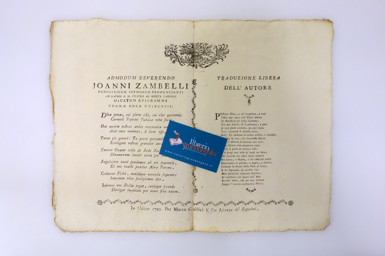 Foglio Volante Sonetto G. Zambelli Monte Carmelo Gallici Udine 1795