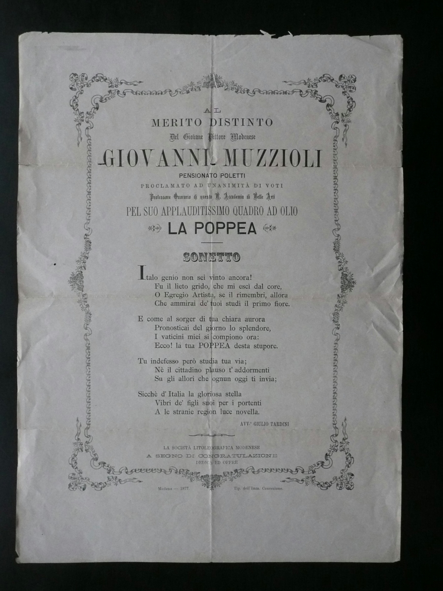 Foglio Volante Sonetto Giovanni Muzzioli Pittore Pensionato Poletti Modena 1877