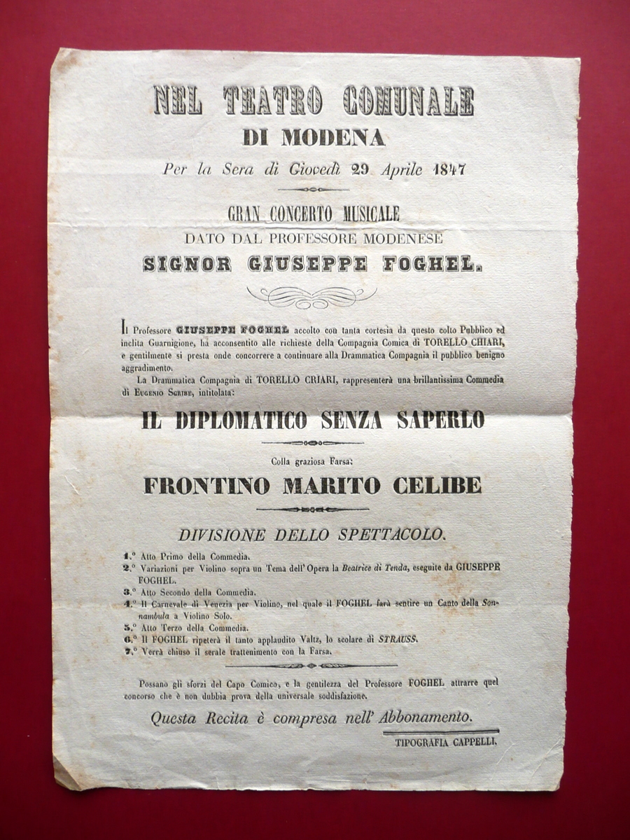 Foglio Volante Teatro Comunale di Modena Concerto G. Foghel Violino …