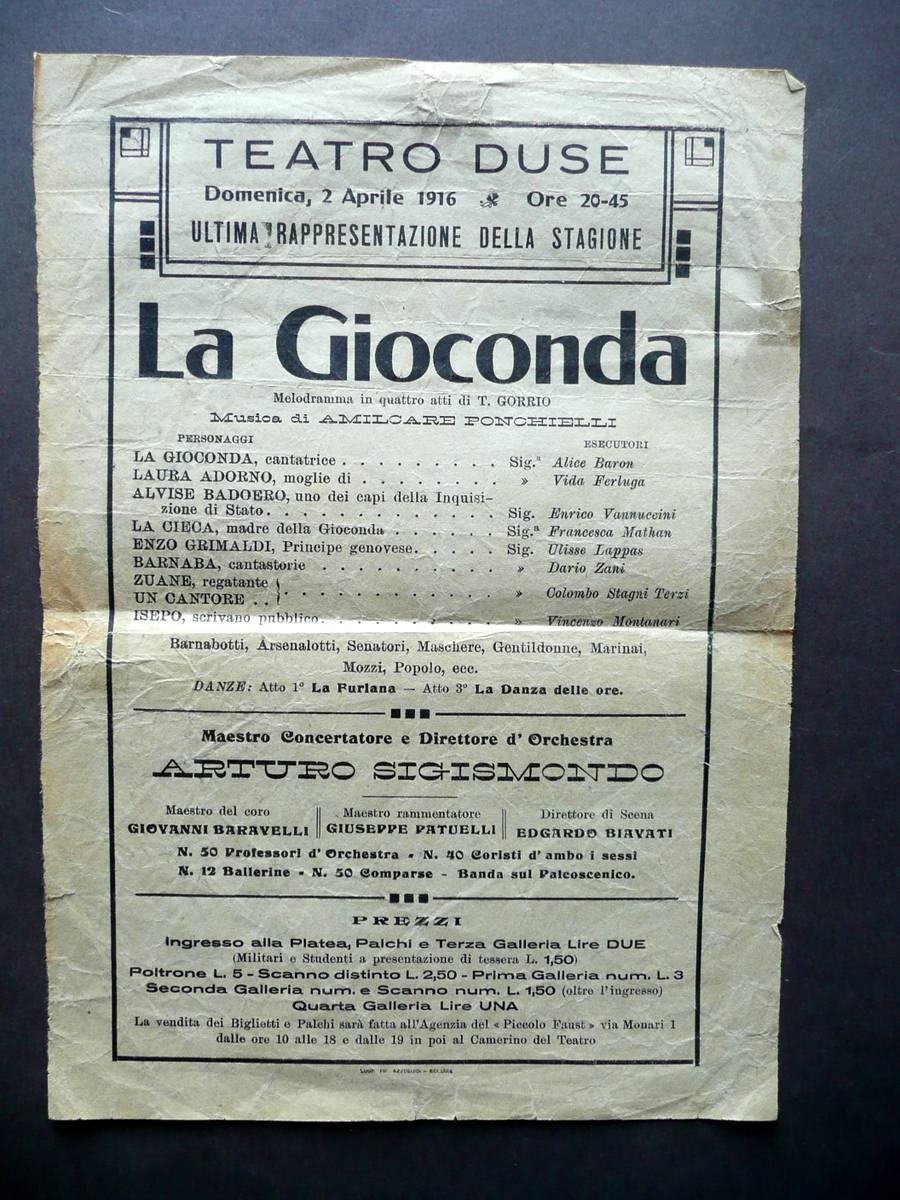 Foglio Volante Teatro Duse La Gioconda Melodramma Gorrio Ponchielli 1916