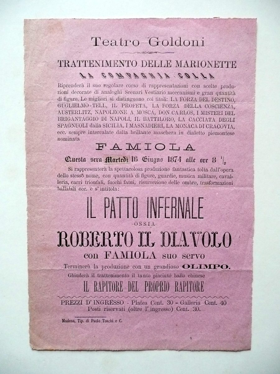 Foglio Volante Teatro Goldoni Compagnia Colla Marionette Famiola Modena 1874