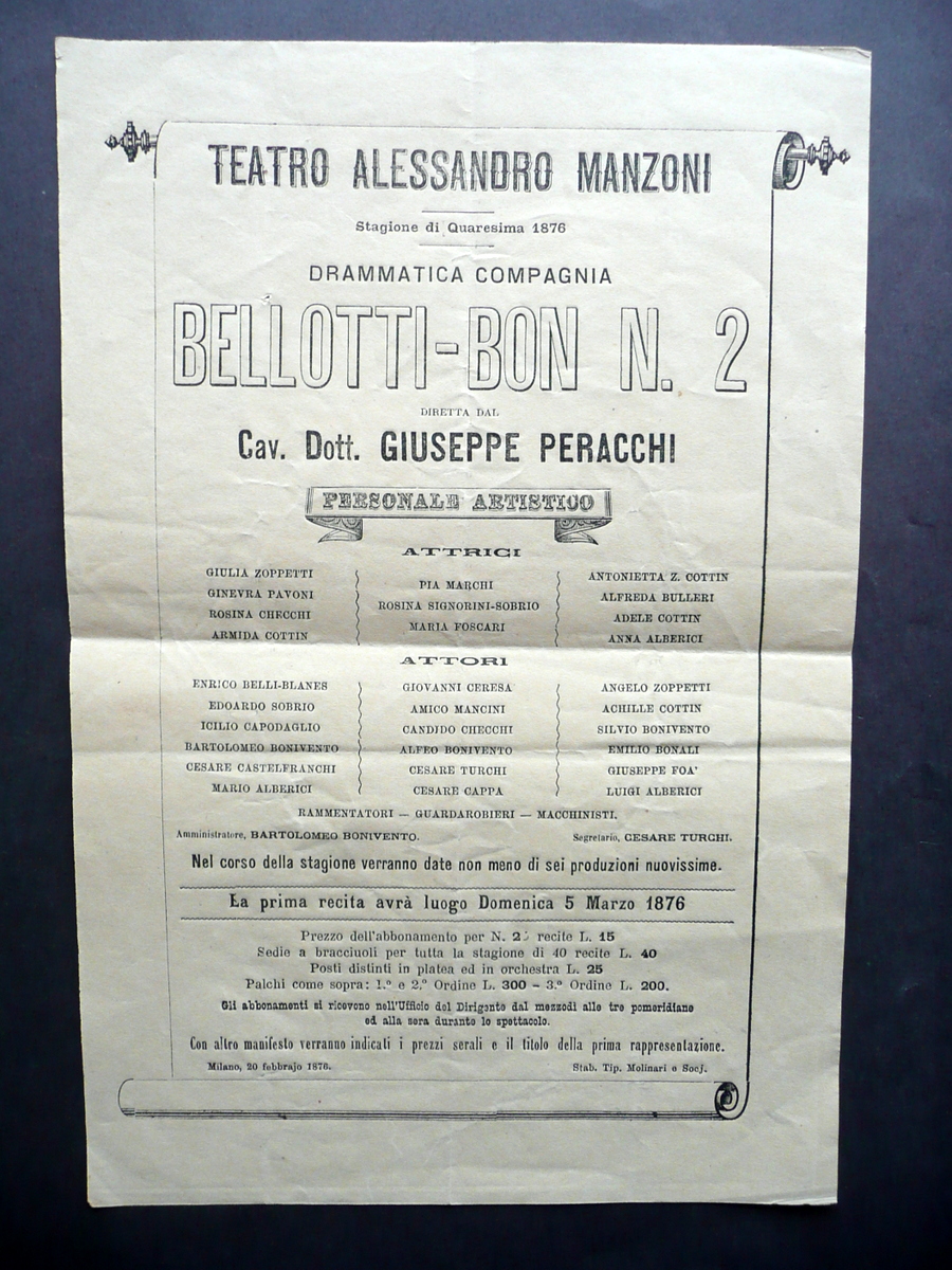 Foglio Volante Teatro Manzoni Milano Bellotti Bon N. 2 Peracchi …