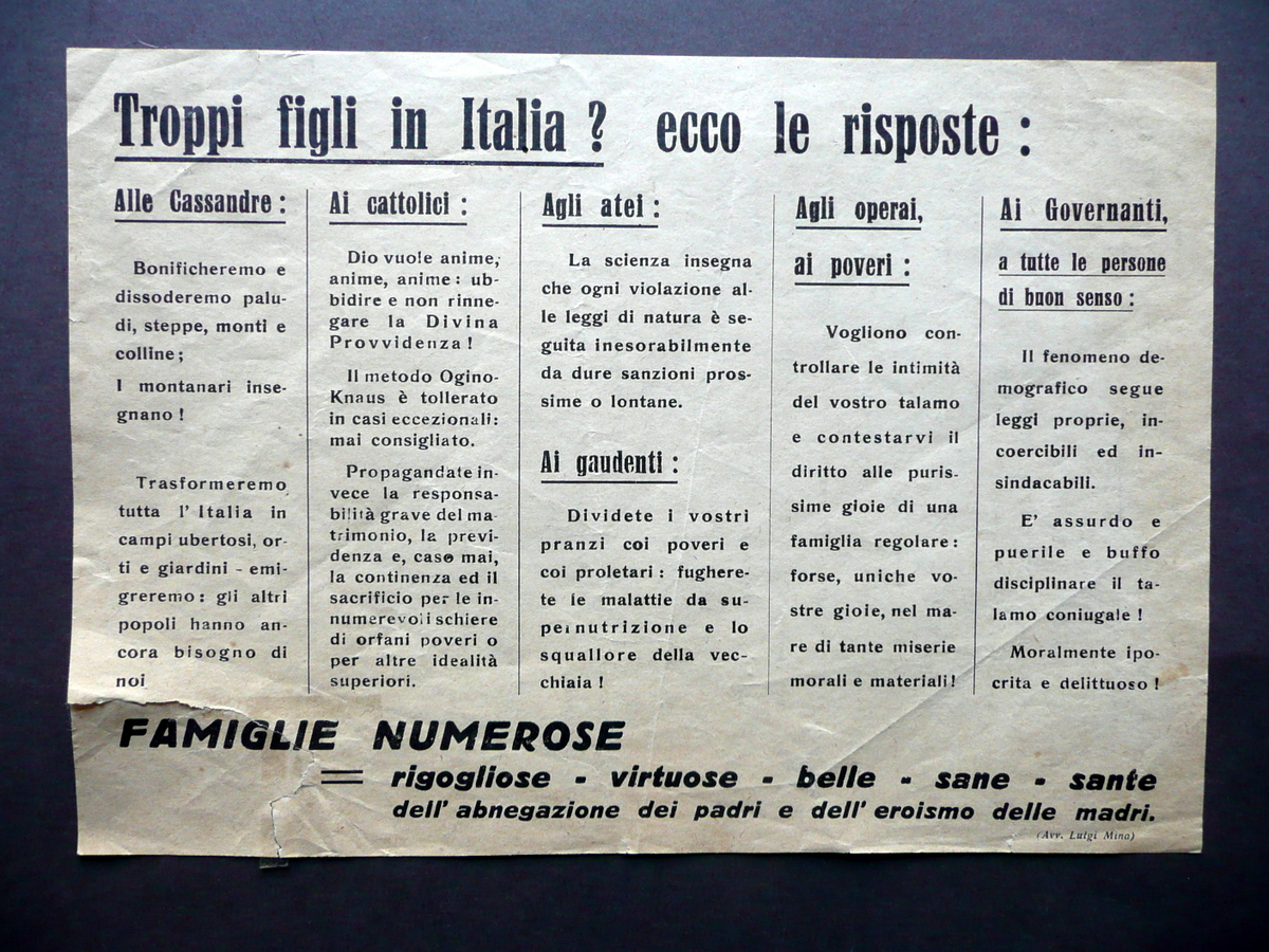 Foglio Volante Troppi Figli in Italia? Pro Famiglie Numerose 1953(?) …
