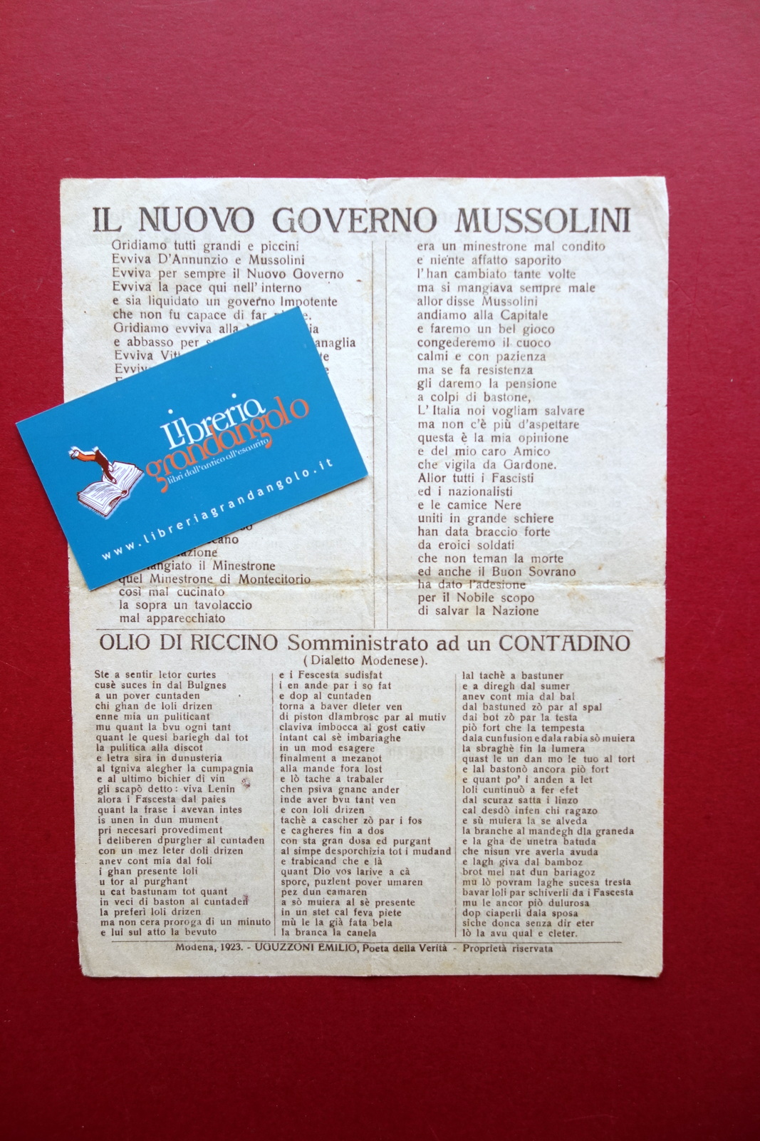 Foglio Volante Uguzzoni Emilio Poeta della Verit‡ Dialetto Modena 17/1/1923