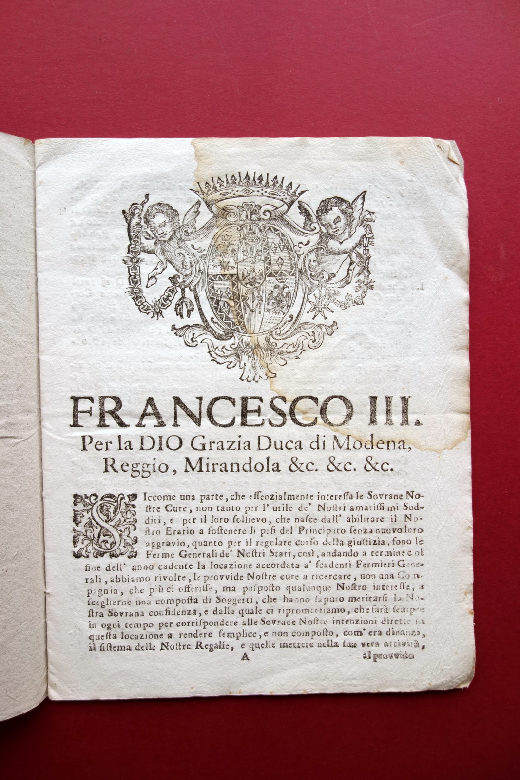 Francesco III Duca Modena Libretto Grida Disposizioni Ferma Merci Davolio …